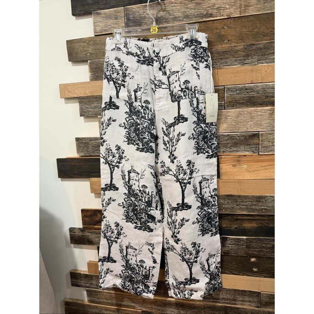 Joie NWT Pants Wide Leg Linen Tree Printed Ivory/Black Pockets sz 8